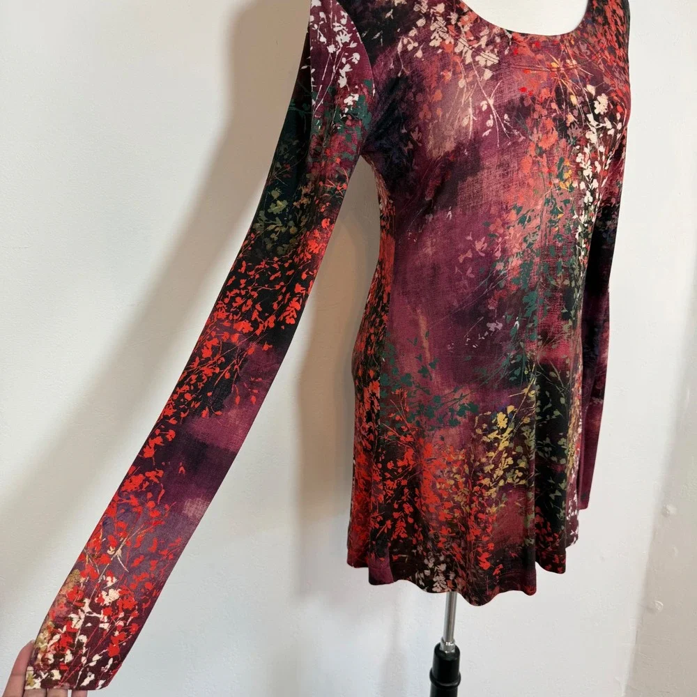 Peruvian Connection Floral Print Tunic Dress Burgundy Small Boho Art To Wear - Picture 4 of 13